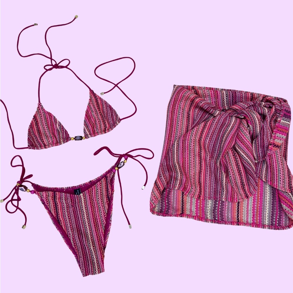 Crochet 3 piece bikini set with sarong